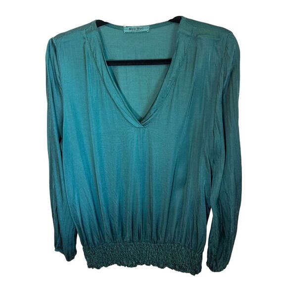 Meo Meli Tunic Top Womens Teal silky long sleeve gathered waist top‎ womans M - Picture 1 of 11